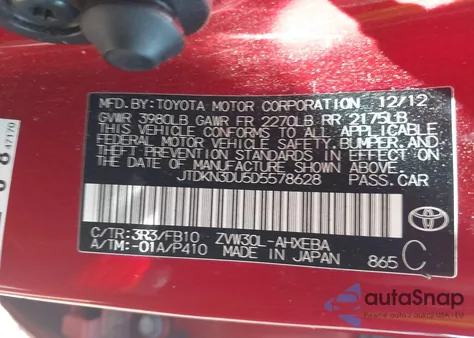 2013 Toyota Prius Two from USA, damaged, VIN JTDKN3DU5D5578628